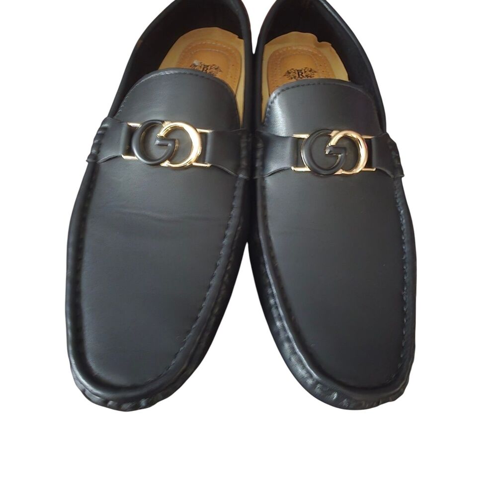 Royal Shoes Men’s Black Loafers MOC-139 Gold Buckle Driving Shoes Size 13